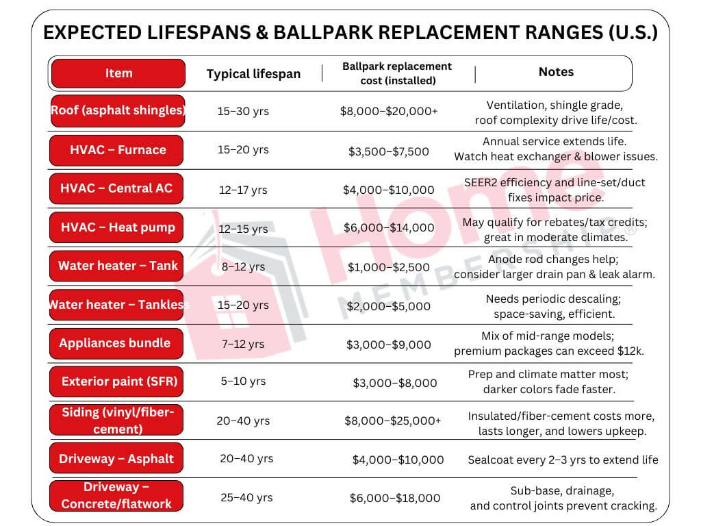 Expected lifespans & ballpark replacement ranges